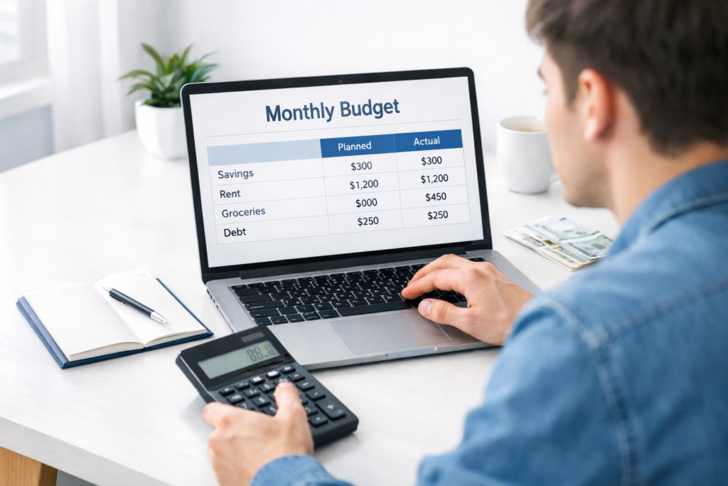 monthly budget planning for beginners with laptop and calculator