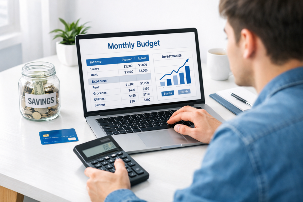 Personal finance guide for beginners with budget, savings, and investing setup