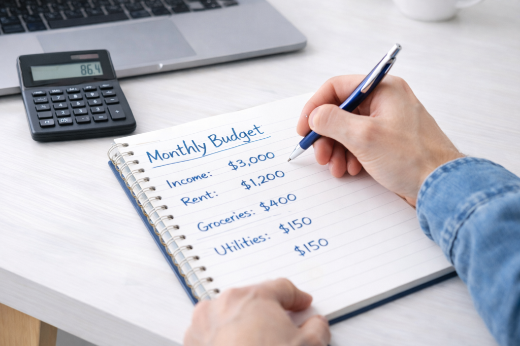 monthly budget notebook with beginner income and expense planning