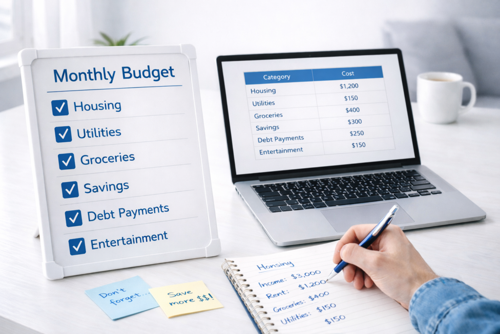 monthly budget categories for housing savings debt and groceries