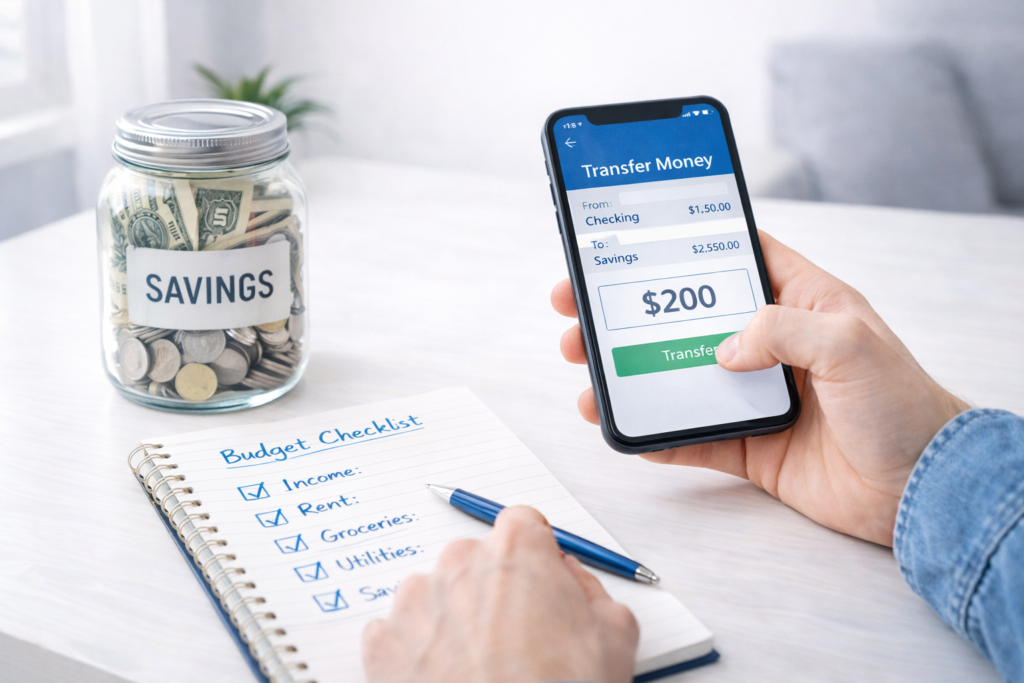 monthly budget savings plan with banking app and emergency fund jar